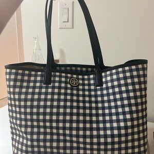 Tory Burch Navy and White Checkered Tote